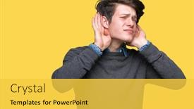  Presentation with deaf - Cool new slide deck with young handsome elegant man over isolated background trying to hear both hands on ear gesture curious for gossip hearing problem deaf backdrop and a yellow colored foreground