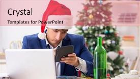  Presentation with collage of families celebrating christmas - PPT theme consisting of young handsome employee celebrating christmas background and a  colored foreground