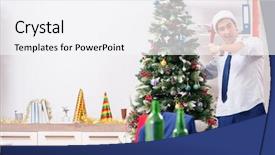  Presentation with collage of families celebrating christmas - Colorful PPT layouts enhanced with young handsome employee celebrating christmas backdrop and a  colored foreground