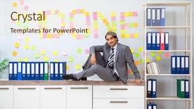  Presentation with done - Colorful slide set enhanced with young handsome employee sitting backdrop and a  colored foreground