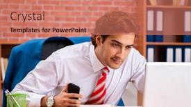  Presentation with employee - Slides consisting of young-handsome-employee-sitting background and a coral colored foreground