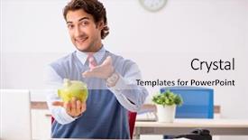  Presentation with employee working in industry - Presentation design with young handsome employee working background and a  colored foreground