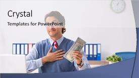  Presentation with salary - PPT theme consisting of young handsome employee working background and a  colored foreground