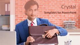  Presentation with employee - PPT theme with young-handsome-employee-working background and a coral colored foreground