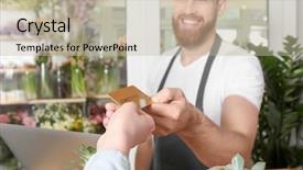  Presentation with health care customer service - Slide set having young handsome florist receiving discount background and a mint green colored foreground