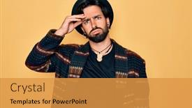  Presentation with bohemian - Amazing PPT theme having young-handsome-hispanic-bohemian-man backdrop and a gold colored foreground