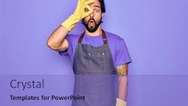  Presentation with apron - Presentation design with young-handsome-hispanic-clenaer-man background and a light blue colored foreground