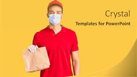  Presentation with food safety - Presentation theme enhanced with young-handsome-hispanic-man-delivering background and a yellow colored foreground