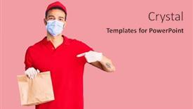  Presentation with food safety - Colorful PPT theme enhanced with young-handsome-hispanic-man-delivering backdrop and a coral colored foreground