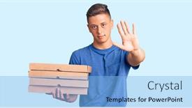  Presentation with pizza delivery - PPT theme having young-handsome-hispanic-man-holding background and a light blue colored foreground
