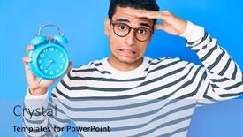  Presentation with clock face - Presentation design consisting of young-handsome-hispanic-man-holding background and a light blue colored foreground