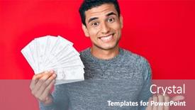  Presentation with money bag sysmbol - Audience pleasing theme consisting of young-handsome-hispanic-man-holding backdrop and a gray colored foreground