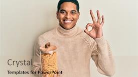  Presentation with macaroni - Slide deck featuring young-handsome-hispanic-man-holding background and a coral colored foreground
