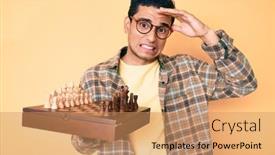  Presentation with chess board - Cool new slide set with young-handsome-hispanic-man-holding backdrop and a coral colored foreground