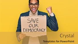  Presentation with democracy - Audience pleasing presentation theme consisting of young-handsome-hispanic-man-holding backdrop and a yellow colored foreground
