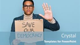  Presentation with democracy - PPT theme with young-handsome-hispanic-man-holding background and a teal colored foreground