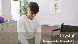  Presentation with leg pain - Presentation theme enhanced with young-handsome-hispanic-man-sits and a gray colored foreground