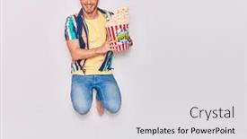  Presentation with popcorn - Slide set enhanced with young-handsome-hispanic-man-smiling background and a light gray colored foreground