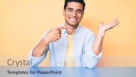  Presentation with finger - Presentation design featuring young-handsome-hispanic-man-wearing background and a light blue colored foreground