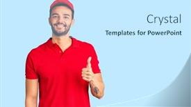 Presentation with courier delivery - Presentation design consisting of young-handsome-hispanic-man-wearing background and a white colored foreground