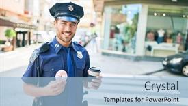  Presentation with coffee cup - Presentation theme having young-handsome-hispanic-policeman-wearing background and a light blue colored foreground