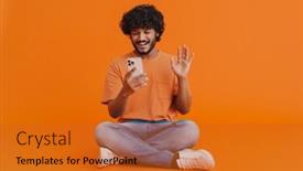  Presentation with man holding phone - Slide set enhanced with young-handsome-indian-smiling-man background and a gold colored foreground