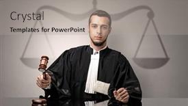 Presentation with decision making - Audience pleasing slide set consisting of young handsome judge in black gown making decision backdrop and a light gray colored foreground