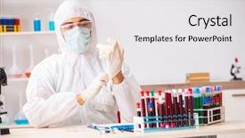  Presentation with testing blood - Colorful PPT theme enhanced with young handsome lab assistant testing blood samples hospital backdrop and a white colored foreground