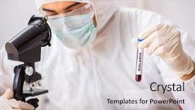  Presentation with testing blood - PPT theme featuring young handsome lab assistant testing blood samples hospital background and a white colored foreground
