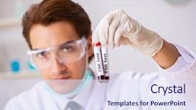  Presentation with testing blood - PPT theme with young handsome lab assistant testing blood samples hospital background and a sky blue colored foreground