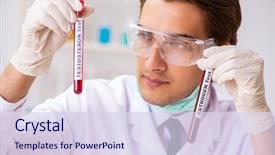  Presentation with testing blood - Audience pleasing PPT theme consisting of young handsome lab assistant testing blood samples hospital backdrop and a sky blue colored foreground