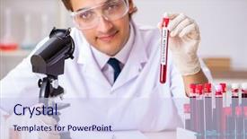  Presentation with testing blood - Cool new presentation theme with young handsome lab assistant testing blood samples hospital backdrop and a sky blue colored foreground