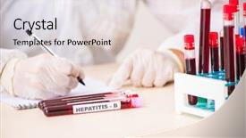  Presentation with testing blood - Slides with young handsome lab assistant testing blood samples hospital background and a light gray colored foreground