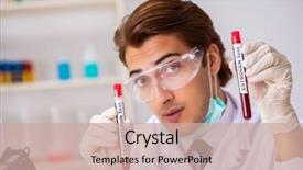  Presentation with testing blood - Colorful slides enhanced with young handsome lab assistant testing blood samples hospital backdrop and a coral colored foreground