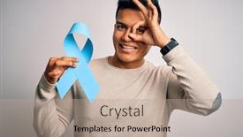  Presentation with cancer - Beautiful slide set featuring young-handsome-latin-man-holding backdrop and a coral colored foreground