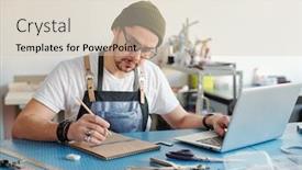  Presentation with apron - Colorful PPT layouts enhanced with young-handsome-leatherworker-in-apron backdrop and a soft green colored foreground