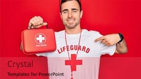  Presentation with first aid kit - Presentation design enhanced with young-handsome-lifeguard-man-wearing background and a red colored foreground