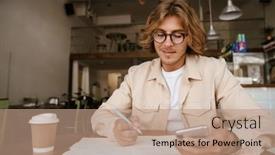  Presentation with man holding phone - PPT theme enhanced with young-handsome-long-haired-smiling background and a  colored foreground
