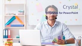  Presentation with young students working in groups - Amazing PPT theme having young handsome male designer working in the office backdrop and a sky blue colored foreground