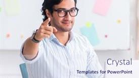  Presentation with working - Presentation design enhanced with young-handsome-male-designer-working background and a  colored foreground