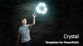  Presentation with recycle - Slide deck having young handsome man against dark backdrop touching recycle sign background and a black colored foreground