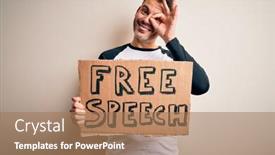  Presentation with free speech - Audience pleasing presentation design consisting of young-handsome-man-asking backdrop and a coral colored foreground