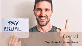  Presentation with equality - Cool new PPT theme with young-handsome-man-asking backdrop and a coral colored foreground