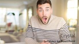  Presentation with fear - Audience pleasing slides consisting of young handsome man at home afraid and shocked with surprise expression fear and excited face backdrop and a mint green colored foreground