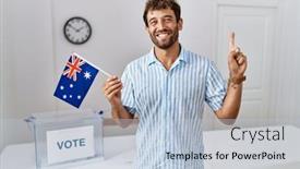  Presentation with political campaign - PPT theme with young-handsome-man-at-political background and a light blue colored foreground