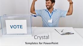  Presentation with election - Presentation theme consisting of young-handsome-man-at-political background and a light gray colored foreground