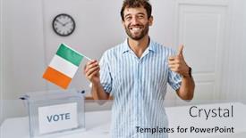  Presentation with political campaign - PPT theme consisting of young-handsome-man-at-political background and a light blue colored foreground