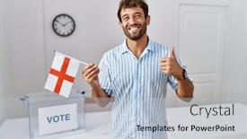  Presentation with political campaign - Presentation theme featuring young-handsome-man-at-political background and a  colored foreground