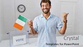  Presentation with political campaign - Slide set enhanced with young-handsome-man-at-political background and a  colored foreground