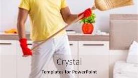  Presentation with cleaning - Slides with young-handsome-man-cleaning background and a soft green colored foreground